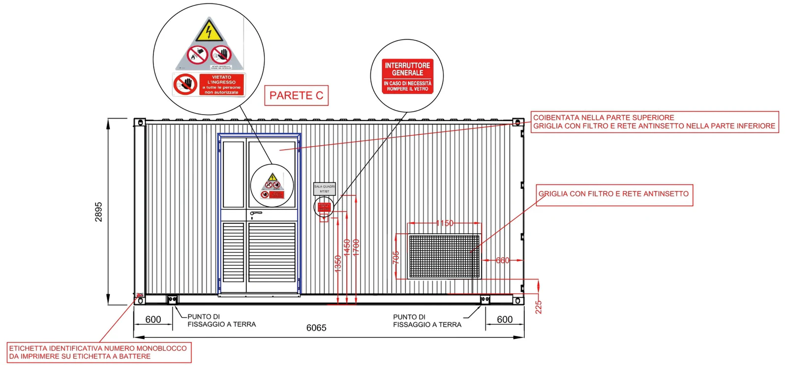 Tavola quotata della parete C della power station, 6065 per 2895 mm, con porta, griglie e cartelli